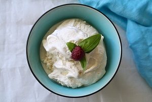 vanilla ice cream in light blue bowl