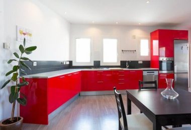 best floor for the kitchen - red kitchen with wooden floor