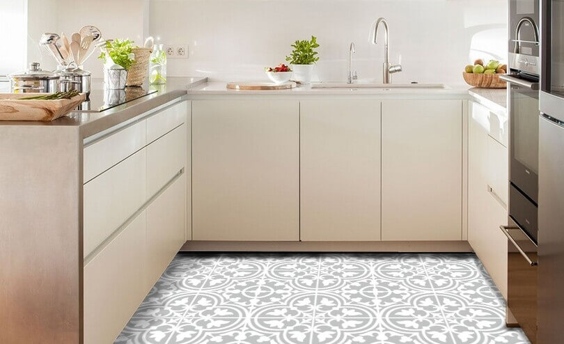 Kitchen with grey and white vinyl floor
