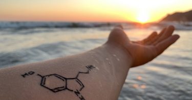 arm with tattoo near water