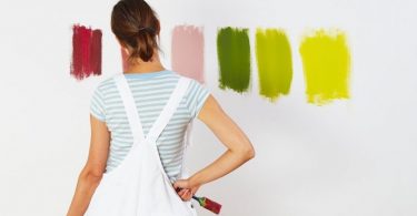 lady with 6 test colours on the wall