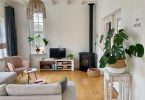 living room with wooden accents