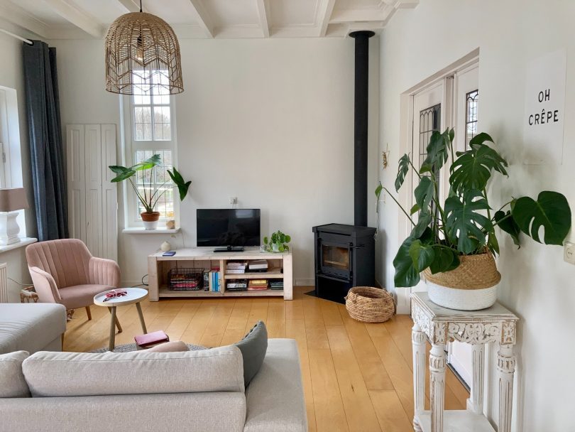 living room with wooden accents